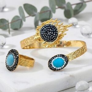 18K Gold Plated Brass Turkish Turquoise & Hematite Cuff Ring Set Boho Artisan